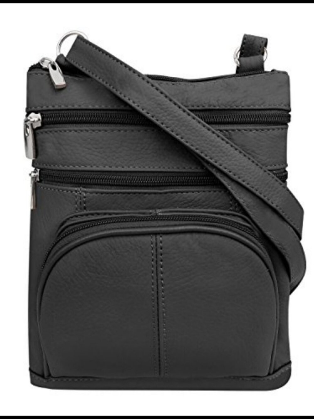 Cowhide Leather Crossbody Zippered Purse 3 Front Pockets Adjustable Strap